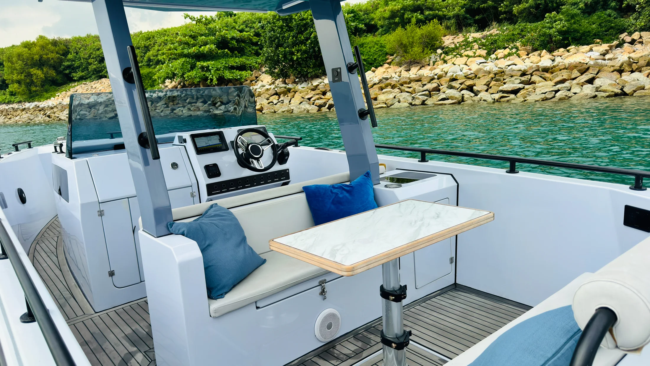Considered seating and social space aboard a Noordic 28