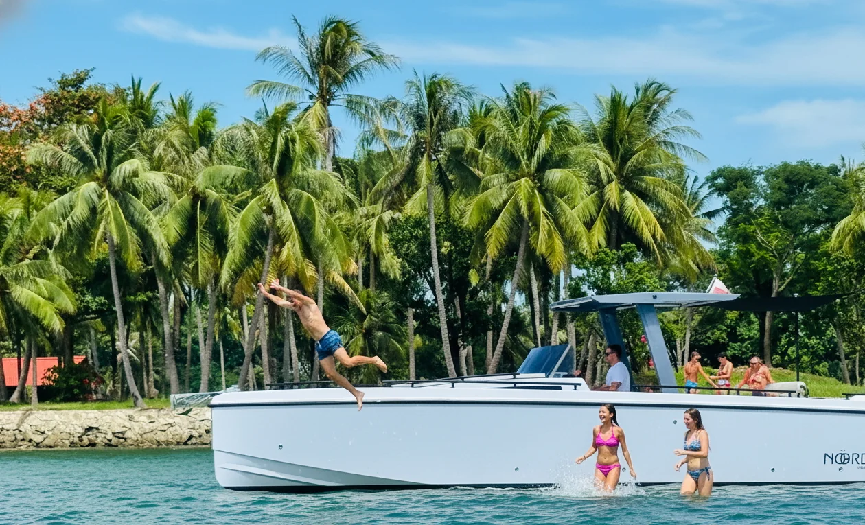 Friends diving, swimming and relaxing around a Noordic boat beside a tropical island